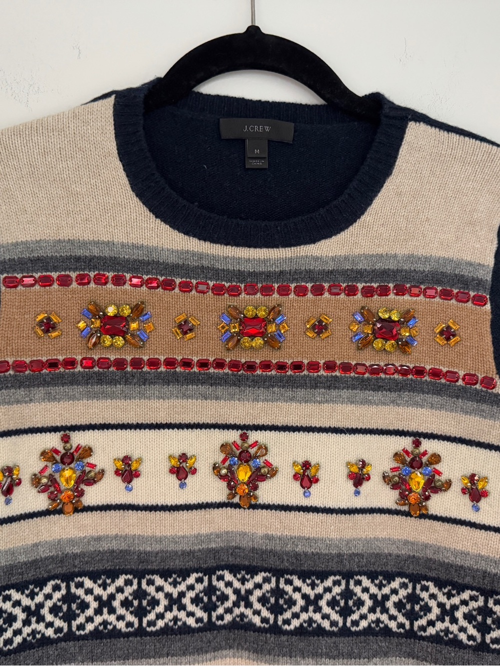J. Crew Fair Isle Rhinestone Jeweled 100% Wool Sweater - Picture 5 of 8